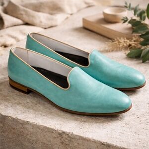 Handmade Italian Turquoise Leather Smoking Loafers EU 37 Vero Cuoio Artisian